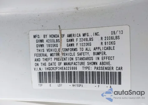 2014 Honda Accord Lx z USA, uszkodzony, nr VIN 1HGCR2F34EA025986